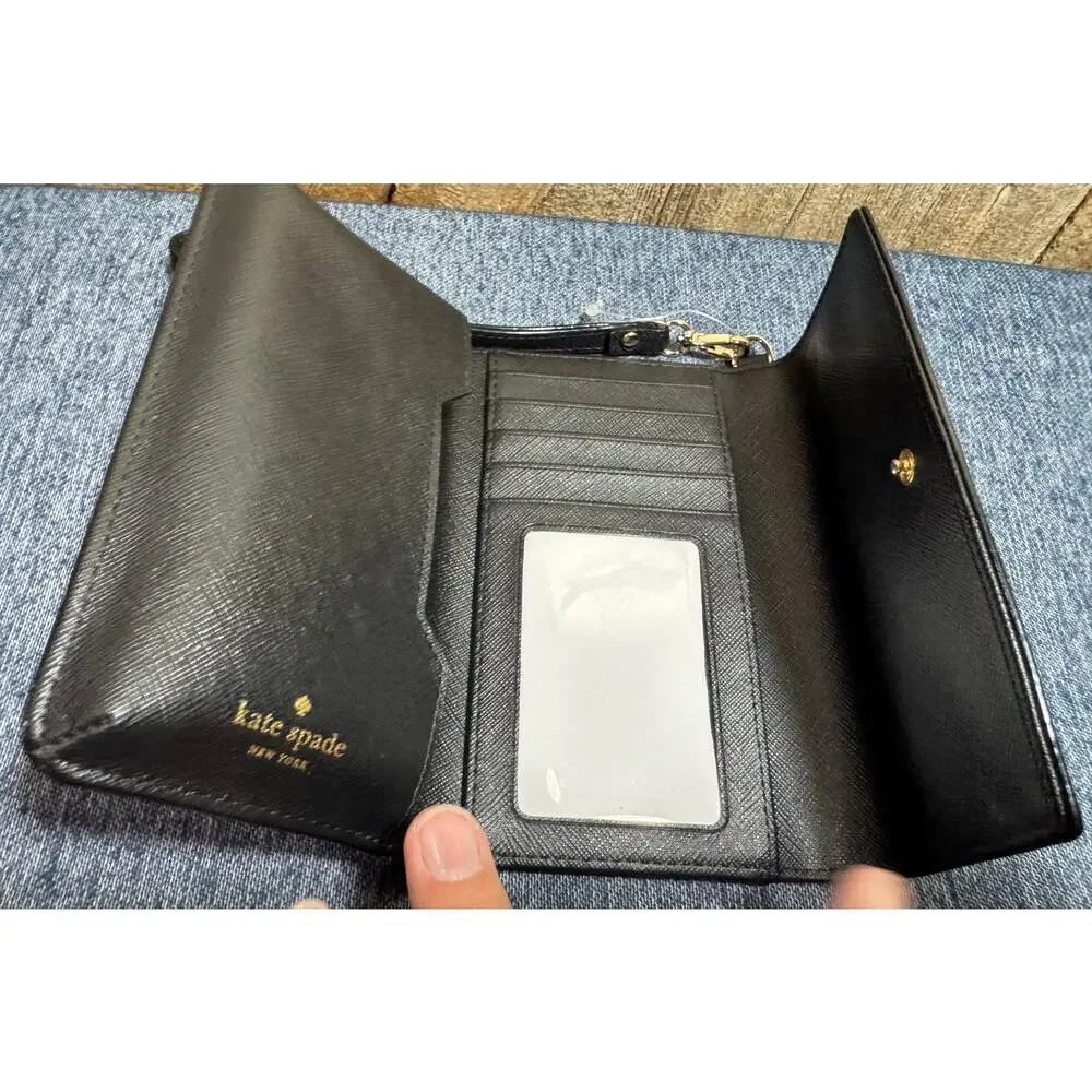 Black Kate Spade Saffiano Leather Trifold Wallet Gold-Toned Logo Plaque